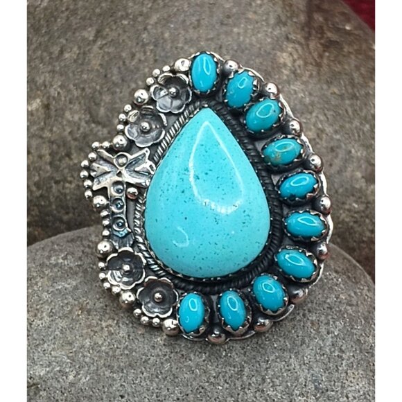 Sterling Silver Flower Dragonfly Ring Teardrop Shaped Petit Point Cluster Sz 6.5 - Picture 2 of 6